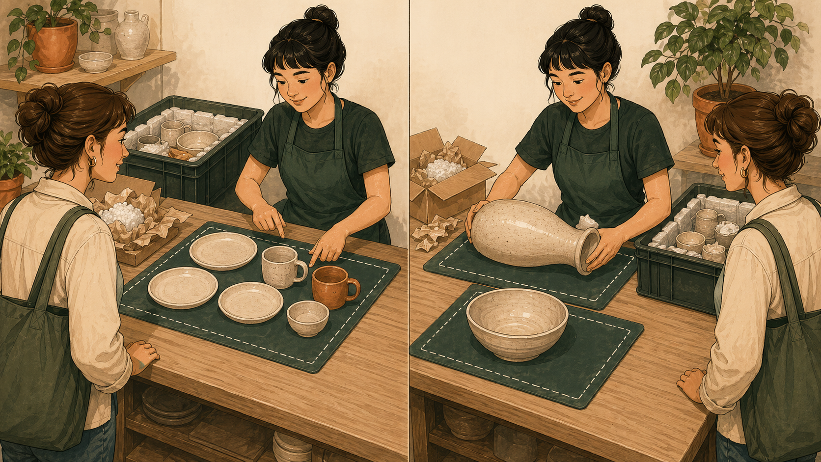 Cartoon showing normal pottery and wide or tall pottery arranged on shelf-size estimating mats before moving into padded bread crates